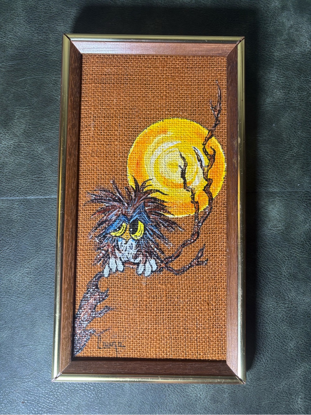 Vintage Laura Batt burlap Yellow Moon Owl Home Art Painting - Framed Wall Art